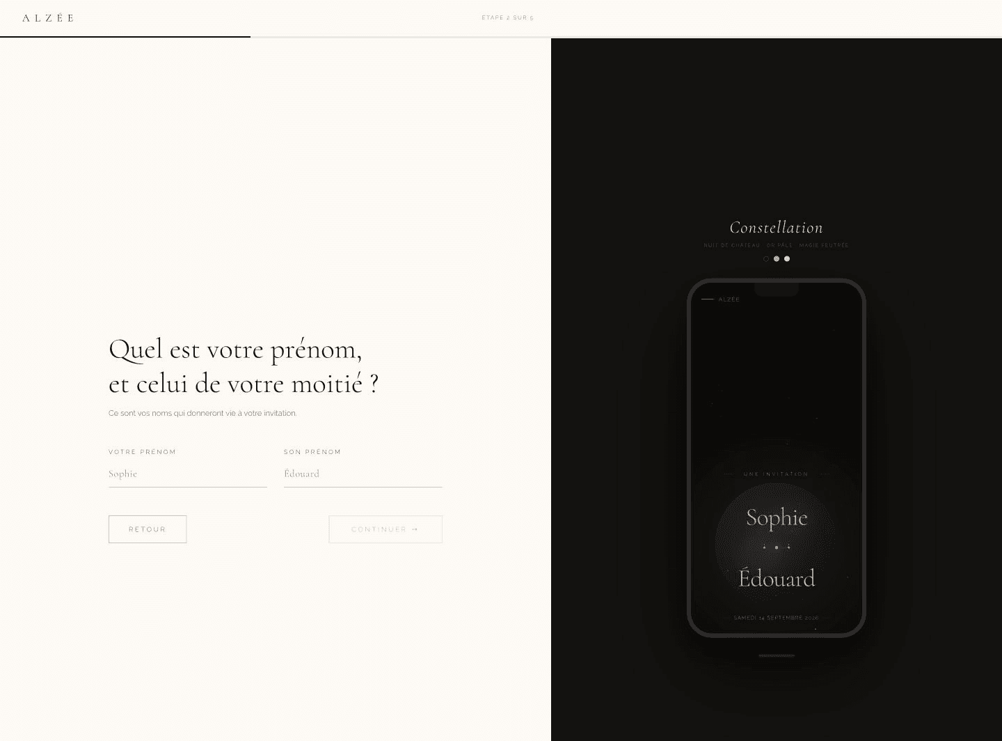 Configurateur Alzée à l'étape des prénoms avec aperçu Constellation mis à jour à droite.