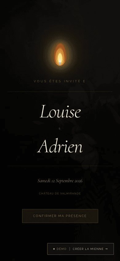 Invitation Alzée Constellation ouverte sur mobile avec les prénoms, la date, le lieu et l'action RSVP.