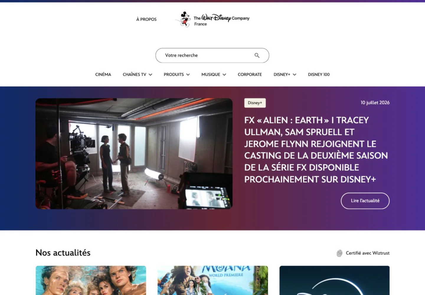 Accueil public de la newsroom The Walt Disney Company France, conçue sur le socle Wiztrust.