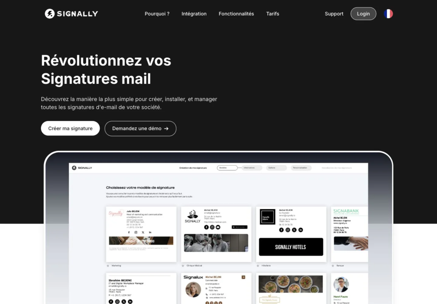 Accueil actuel de Signally présentant la création et la gestion de signatures mail.