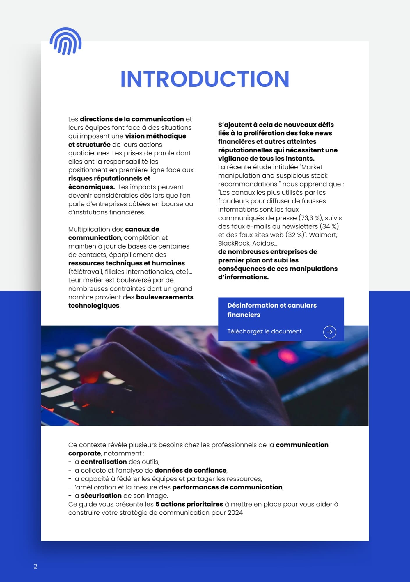 Page d'introduction du support Wiztrust présentant les enjeux des directions de la communication et les risques réputationnels.