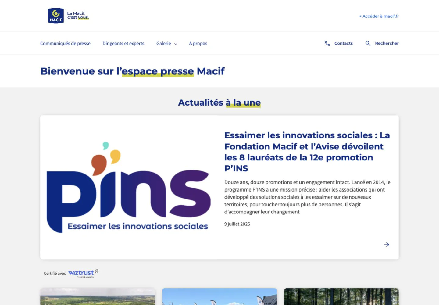 Accueil actuel de l'espace presse Macif avec sa navigation, son actualité principale et la certification Wiztrust.